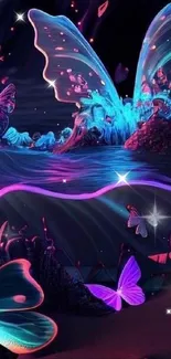 Magical glowing butterflies by the ocean with mystical purple waves.