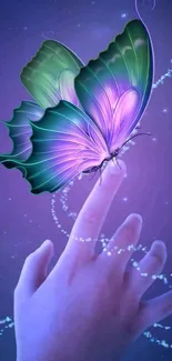 Whimsical butterfly perched on a fingertip with a mystical purple background.