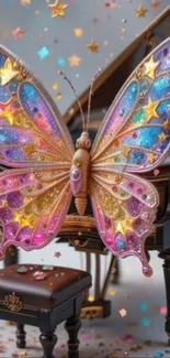 Colorful butterfly with starry wings on a piano.