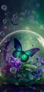 Magical emerald green butterfly in floral sphere wallpaper.