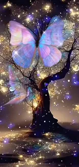 Fantasy tree with luminous butterflies and vibrant colors.