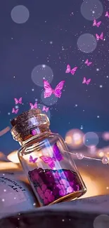 Vibrant pink butterflies emerging from a jar with a dark, dreamy background.