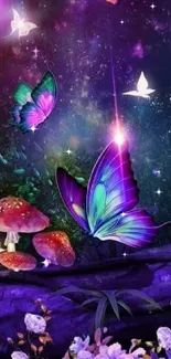 Colorful butterflies with flowers and mushrooms on a dreamy galaxy background.