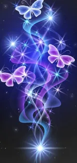 Glowing butterflies with blue and purple light effects in a magical wallpaper.