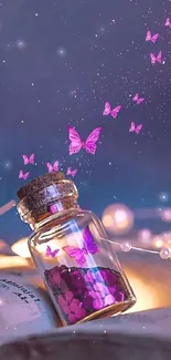 Vibrant pink butterflies escaping from a jar with a purple and dreamy background.