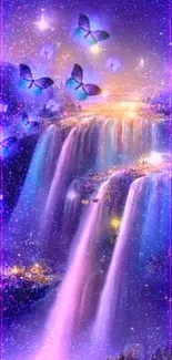 Magical waterfall with butterflies and vibrant colors in a fantasy scene.