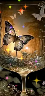 Butterfly in a wineglass with a golden glow in a fantasy setting.