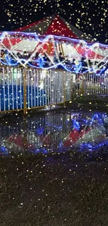 Carnival scene at night with vibrant light reflections.