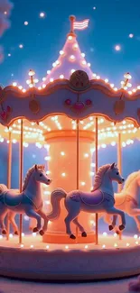 Magical carousel with glowing horses in dreamy lights.