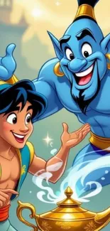 Colorful cartoon featuring a blue genie and a magical lamp.