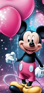 Mickey Mouse holding pink balloons in a starry background with hearts.