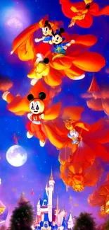 Cartoon characters fly over a magical castle at night in this vibrant mobile wallpaper.