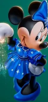 Cartoon character in blue dress with magical sparkles, set on green background.