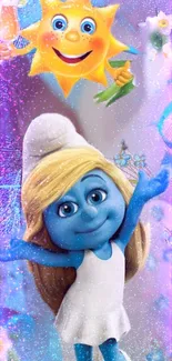 Cheerful blue cartoon character under a smiling sun with magical elements.