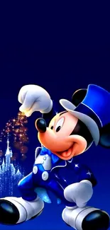 Magical cartoon character with blue theme and sparkling castle silhouette.