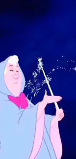 Fairy casts magic with a wand on a blue background.