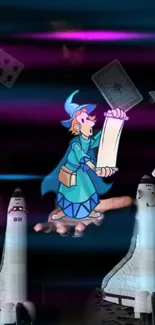 Cartoon wizard with scroll, space shuttles, and cards.