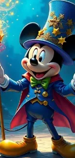 Enchanting cartoon wizard in vibrant attire with magical staff.