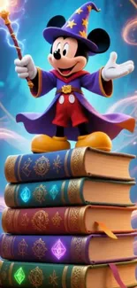 Cartoon wizard on books with magic wand.