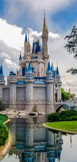 Magical castle overlooking a reflective lake with blue skies.