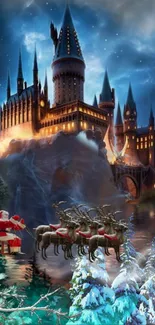 Santa flying by a magical castle in the snow.