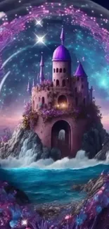 Magical purple castle with stars and ocean in a fantasy setting.