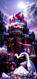 Fantasy castle with swans under a magical purple night sky.