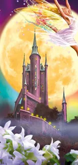 Mystical castle with fairies and moonlit sky in vibrant colors.