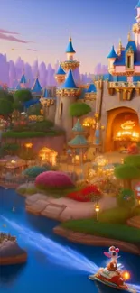 Whimsical fantasy castle with lush landscape and magical lights.