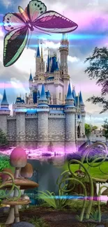 Fantasy castle wallpaper with butterfly and vibrant nature elements.