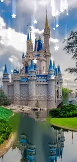 Enchanted castle with spires and star-filled sky reflected in water.