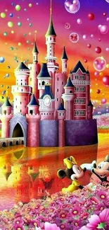 Colorful castle with iconic characters and fantasy landscape.