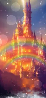 Enchanted castle with rainbows and magical sky, perfect for a whimsical mobile wallpaper.