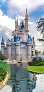 Fairytale castle with magical reflections and vibrant blue sky.