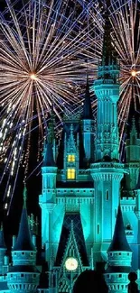 Magical castle with fireworks in the night sky.