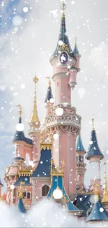 Enchanting pink castle with snowfall, perfect fantasy wallpaper.