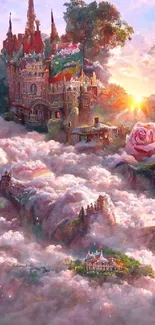 Enchanting castle surrounded by pink clouds at sunset with a magical ambiance.