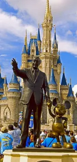 Majestic castle with statue and blue sky backdrop.