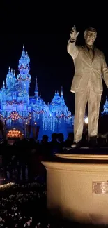 Magical night scene with castle and iconic statues illuminated beautifully.