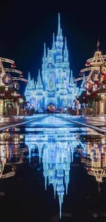 Enchanted castle with night reflections in festive setting.