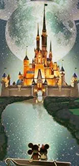 Disney-inspired castle with Mickey moon and couple on boat, under starry night.