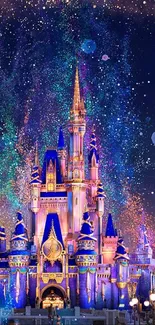 Magical castle under a starry night sky, vibrant and enchanting.