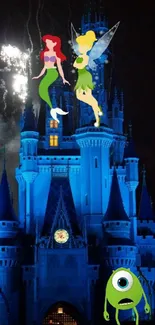 Whimsical castle scene with animated characters in a blue-lit night setting.