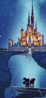 Magical castle reflecting under a starry night sky with two characters in a boat.