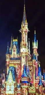 Illuminated castle towers under a dark sky.