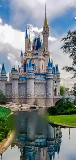 Enchanting castle reflecting in water with blue spires and lush greenery.