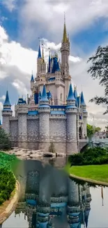 Magical castle with reflection in a serene landscape under a vibrant blue sky.