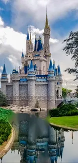 Majestic castle with blue turrets reflected in water amidst greenery.