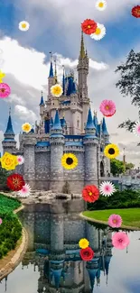 Magical castle with reflection in water under a blue sky.