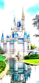 Magical castle reflected in calm waters under a blue sky.